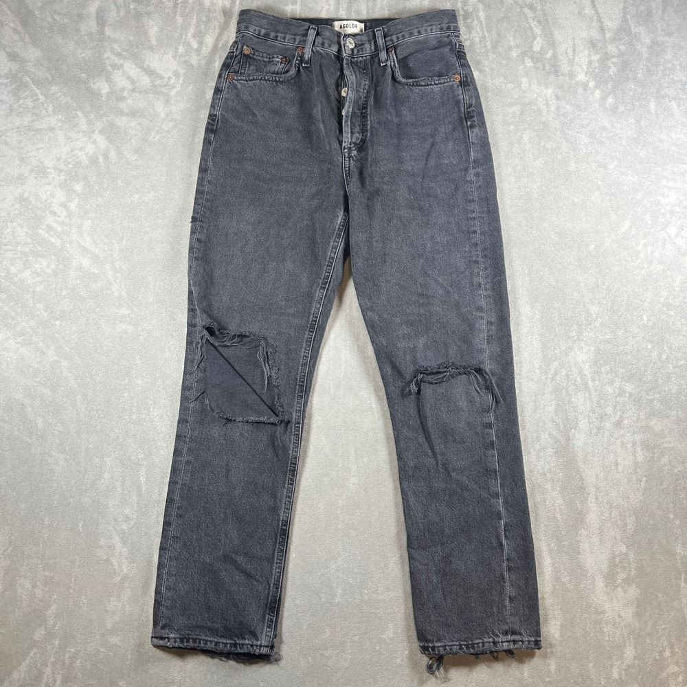 AGOLDE Riley High Rise Straight Leg Jeans Washed Black Distressed Size 25 A056D